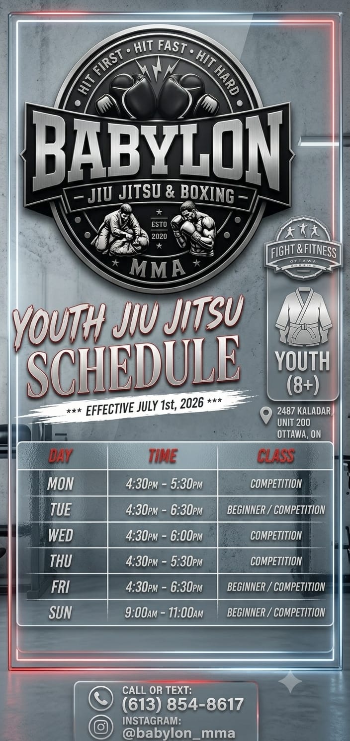 Babylon MMA youth schedule in modern glass style