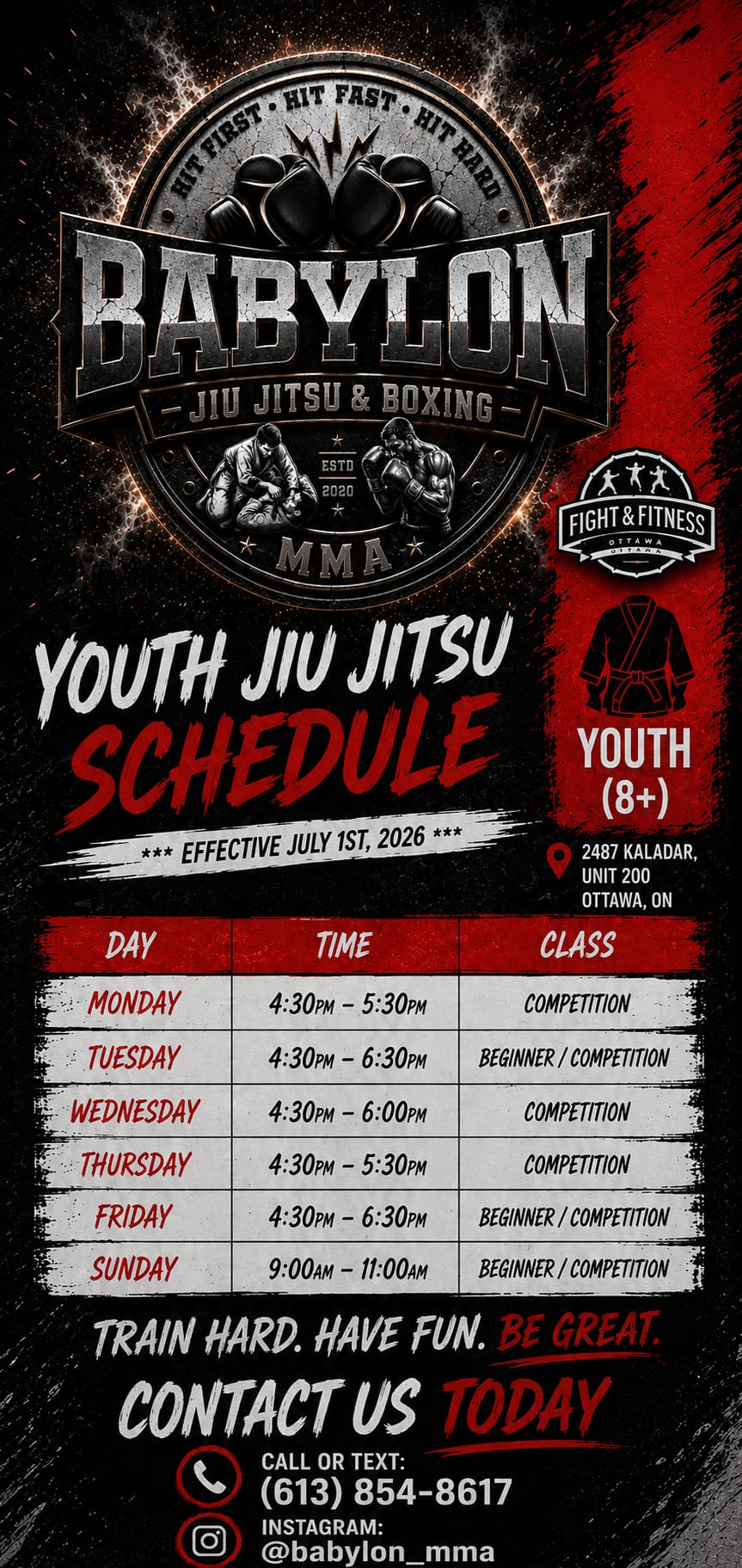 Babylon MMA Youth Jiu Jitsu schedule flyer
