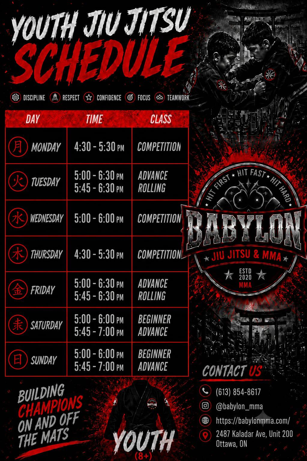 Babylon Youth Jiu Jitsu schedule flyer